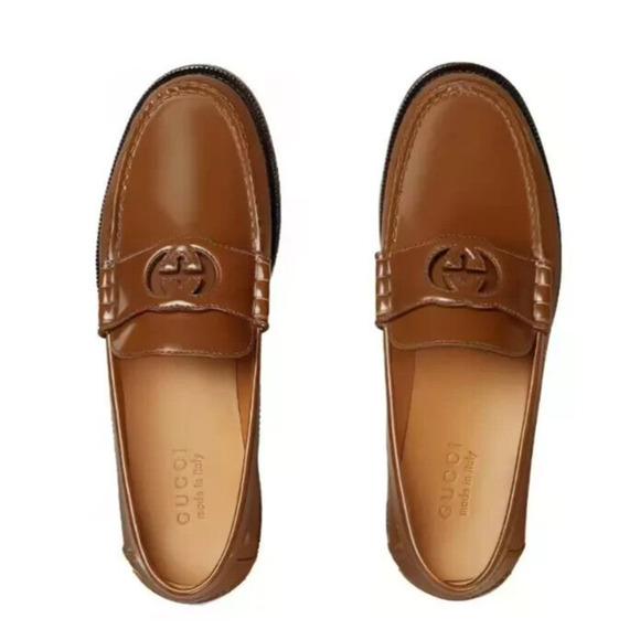 Gucci Interlocking G Men's 7.5/ US 8 Brown Leather Loafers Slip-On Shoes NIB - Picture 1 of 11